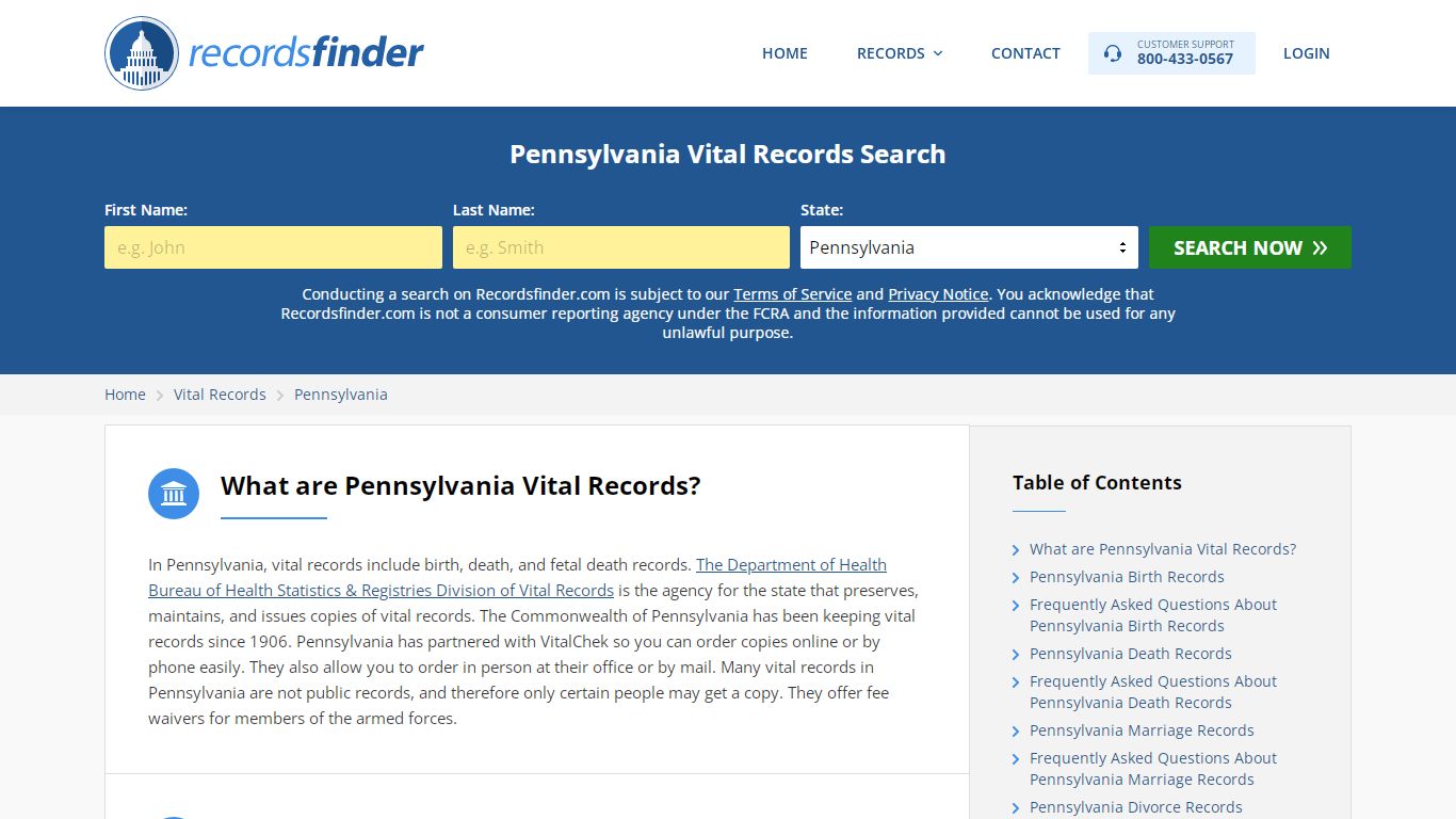 Search PA Vital Records Online - RecordsFinder